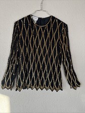 Vintage Sequin Blouse Silk 80s 90s Sequin Chevron Hem Evening Wear Black Gold