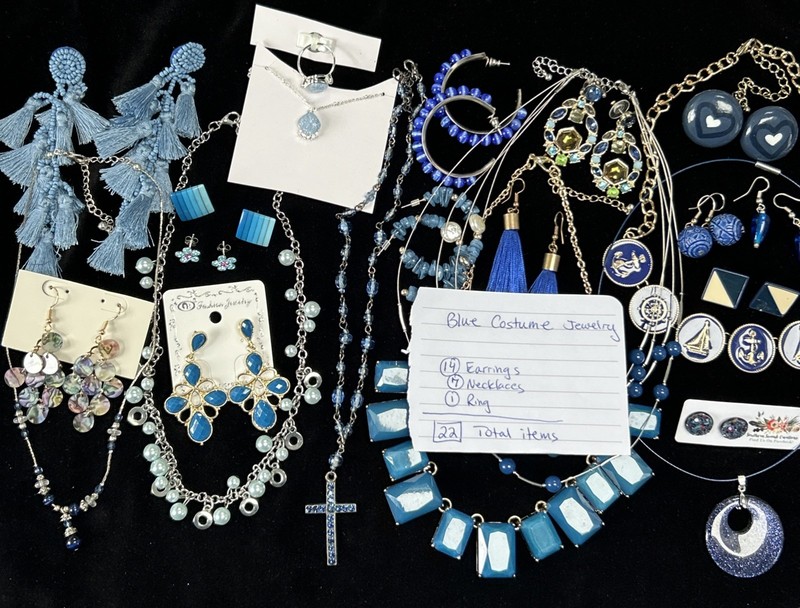 Vtg/now Blue Costume Jewelry Lot Of 22: Necklaces Earrings Ring