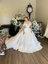 Exquisite Lace Off the Shoulder Wedding Dress Draped Royal Train Bridal Gown