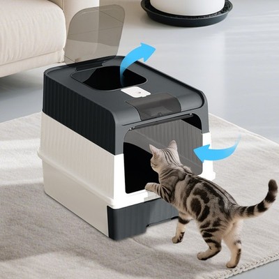 Pull Out Drawer Cat Litter Box Fully Closed Odor Proof Front Entry Top Vent Hous