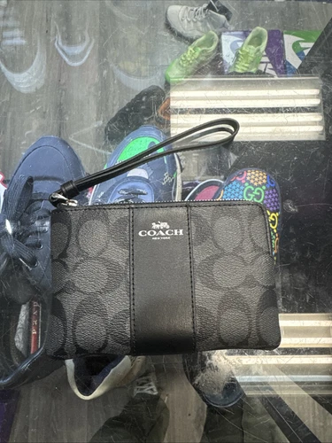 Bracciale COACH DONNA firmato pelle PVC cerniera angolare argento nero fumo nero