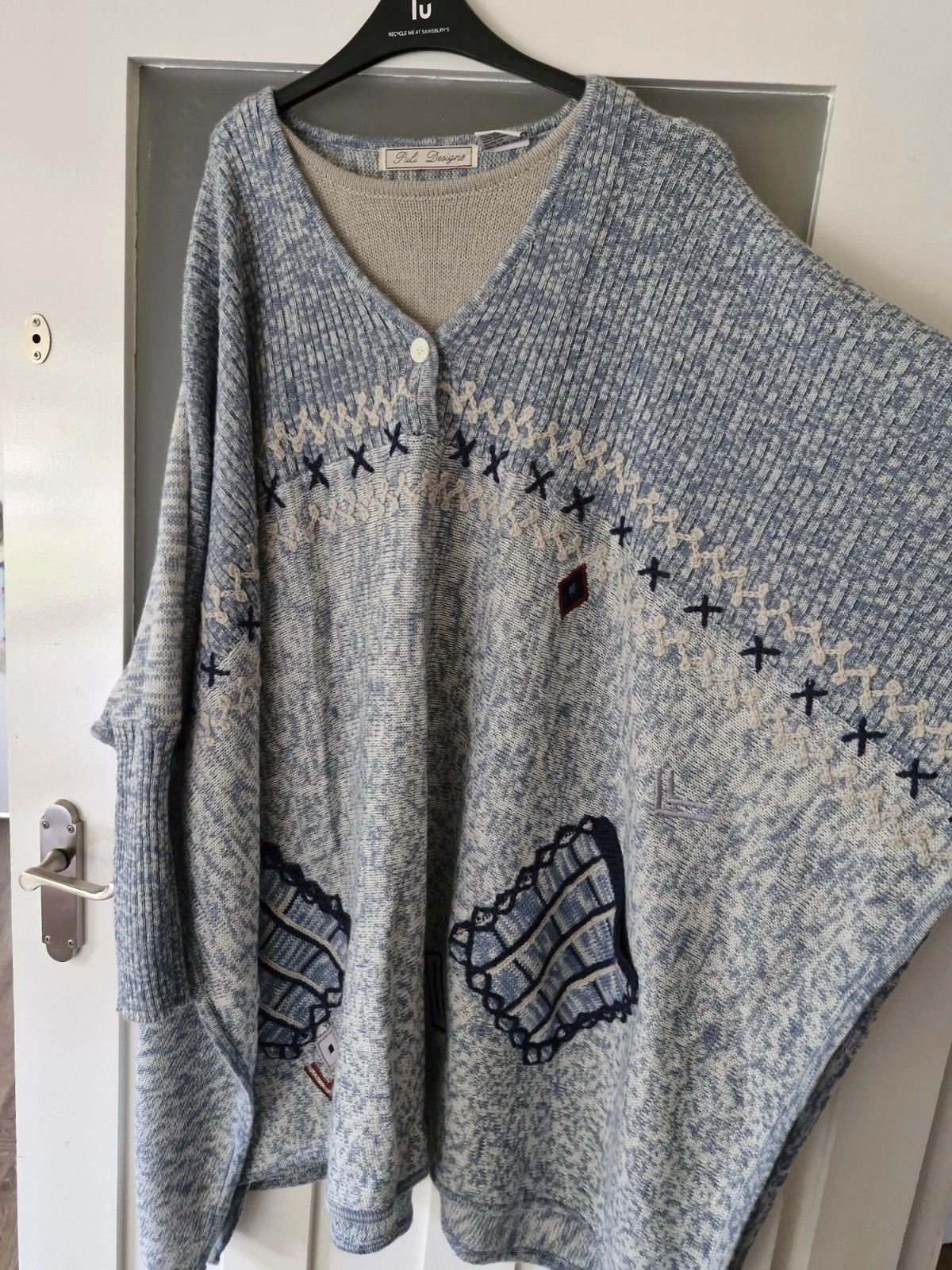 Puli Designs Vintage One Free Size Cardian Poncho Wool Blend Star Patch Blue