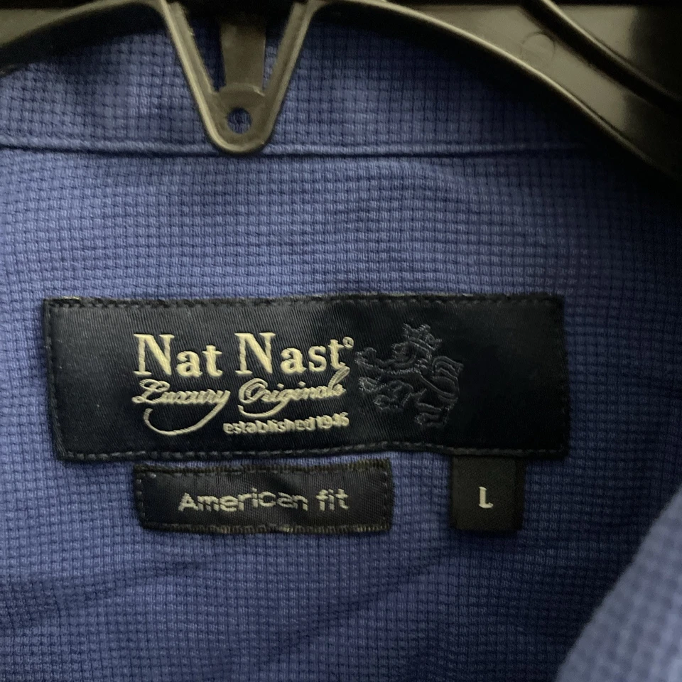 Nat Nast Mens Button Shirt Blue Large Silk Blend Short Sleeve Collar Pocket - Image 2 of 4