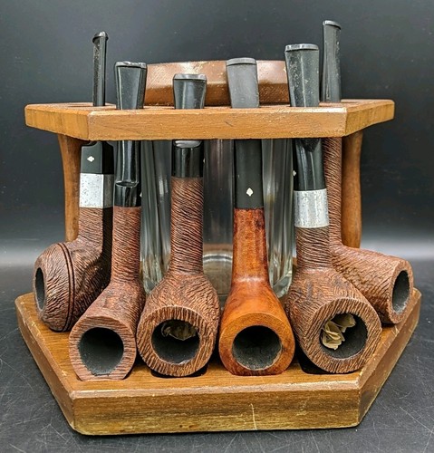 Lot Of 6 Vintage Dr. Grabow Smoking Tobacco Pipes, with Display Stand Glass Jar