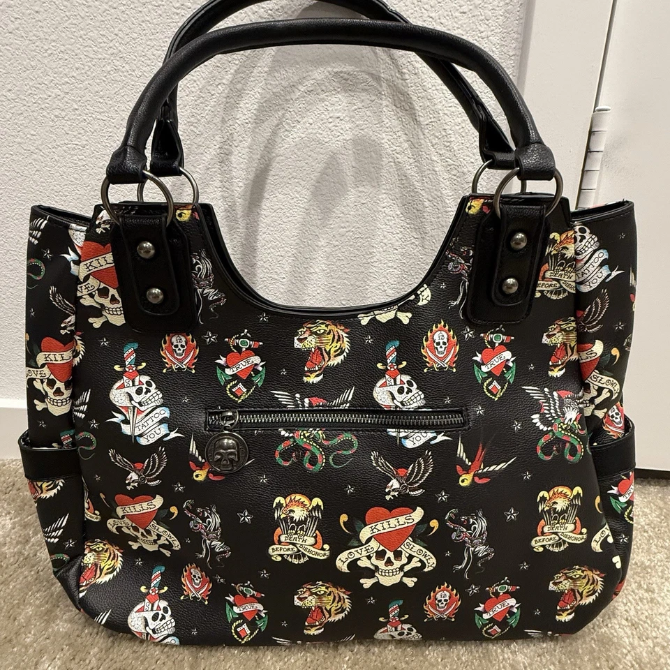 Ed Hardy Women’s Black Tattoo Skull Shoulder Large Tote Love Kill Slowly Grunge - Image 3 of 4