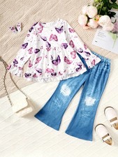 Butterfly Print Top and Flare Pants Set