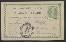 1893 #P4 2c Victoria UPU Card Niagara Falls ONT to Germany via Hamilton