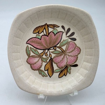 1970s Palissy Floral Ceramic Trinket Plate Dish Vintage 5'' Pink Teal Mustard