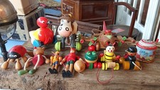 Lot 12 Ancien Jouet Bois Vintage Pinocchio Avion Coccinelle Vache Old Wooden Toy