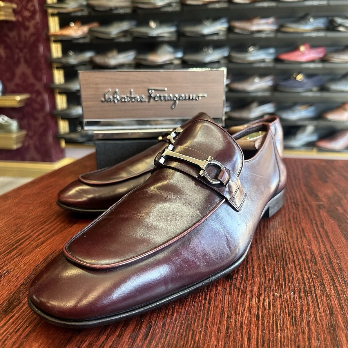 $960 Mens Ferragamo Burgundy Leather Loafers Sz 12 EE WIDE US Made