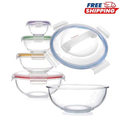 Versatile 5-Piece Nesting Bowls with Lids - Modern Glass Containers for Cooking