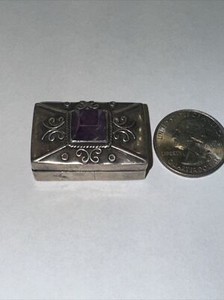 EARLY Vintage MEXICO SILVER sterling & Amethyst HINGED pill OR trinket BOX