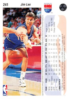 1992, Jim Les, Sacramento Kings, Signed, Autographed, Upper Deck Basketball Card, Card # 241, 1992, Jim Les, Sacramento Kings, Signed, Autographed, Upper Deck Basketball Card, Card # 241,