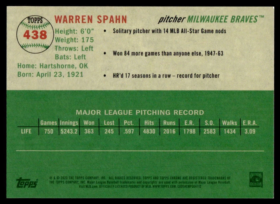 2023 Topps Chrome Platinum Anniversary #438 Warren Spahn Braves - Image 2 of 2