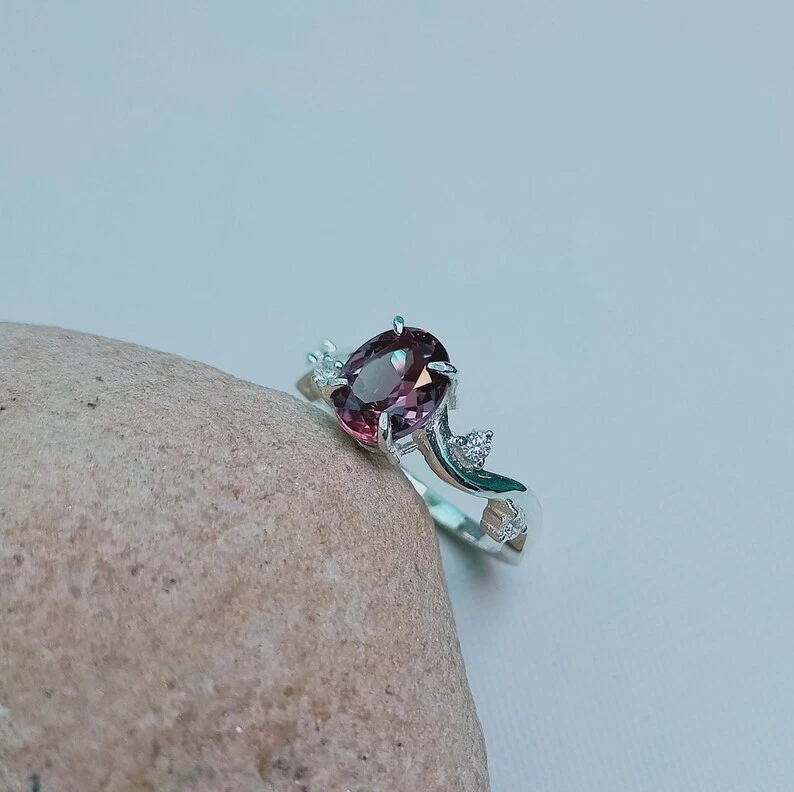 Anello alessandrite creato in laboratorio, anello in argento sterling 925, an... - Immagine 3 di 4