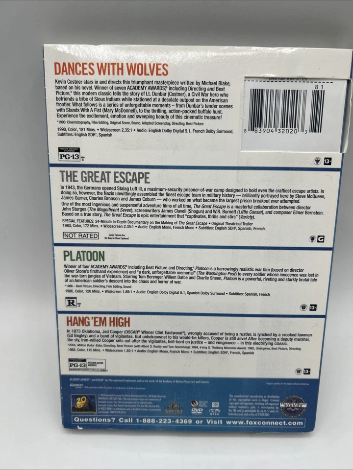 Dances With Wolves / Great Escape / Platoon / Hang Em High (DVD 4-Pack) - Image 2 of 2