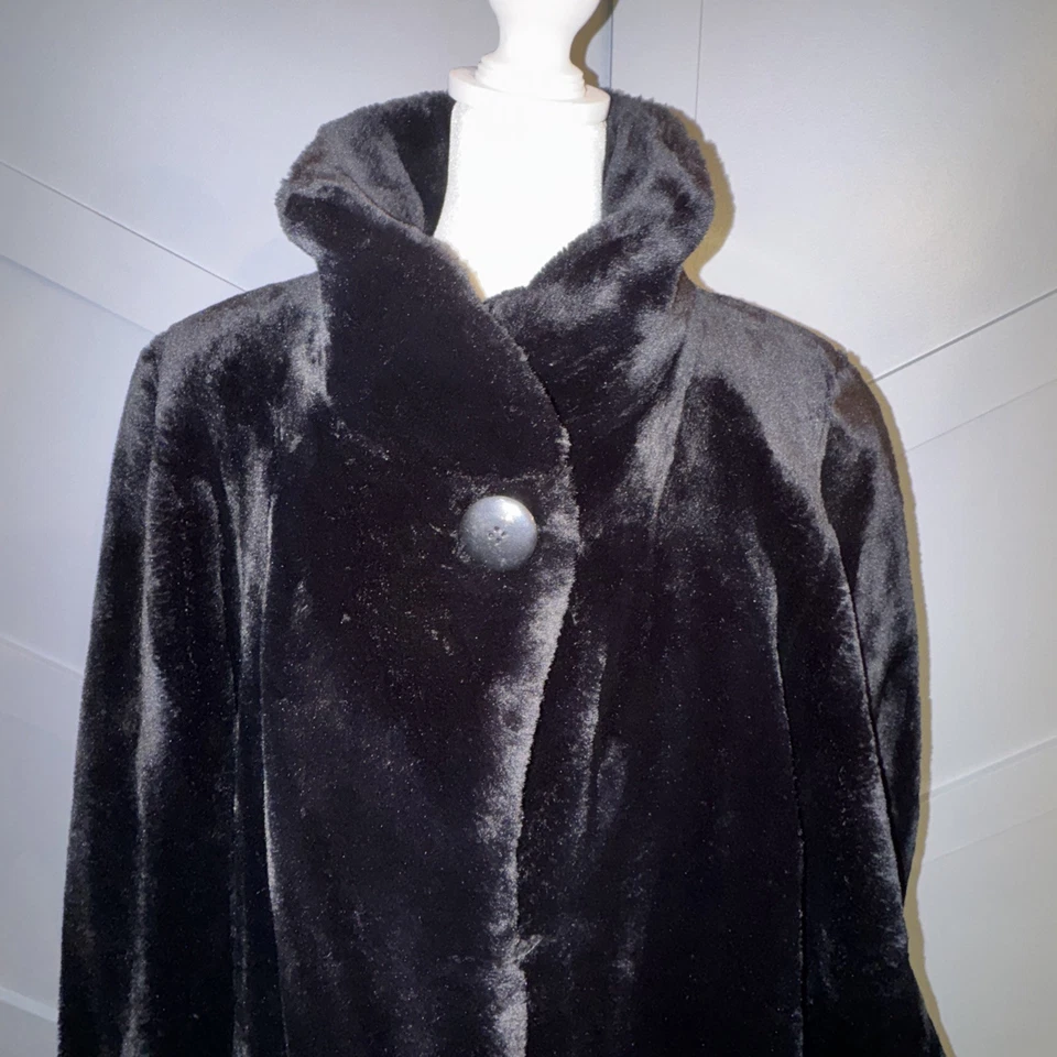 Vintage Steve by Searle Black Faux Fur Stand Collar Full Length Coat Size Large - Image 2 of 4