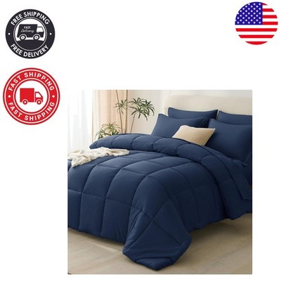 Luxurious Queen 7-Piece Navy Blue Comforter Set - Oeko-Tex Certified for Safety