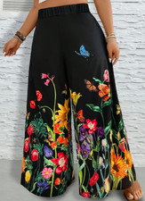 Plus Size Damen-Hose mit weiter Beinweite -Schmetterlings- & Blumenmuster