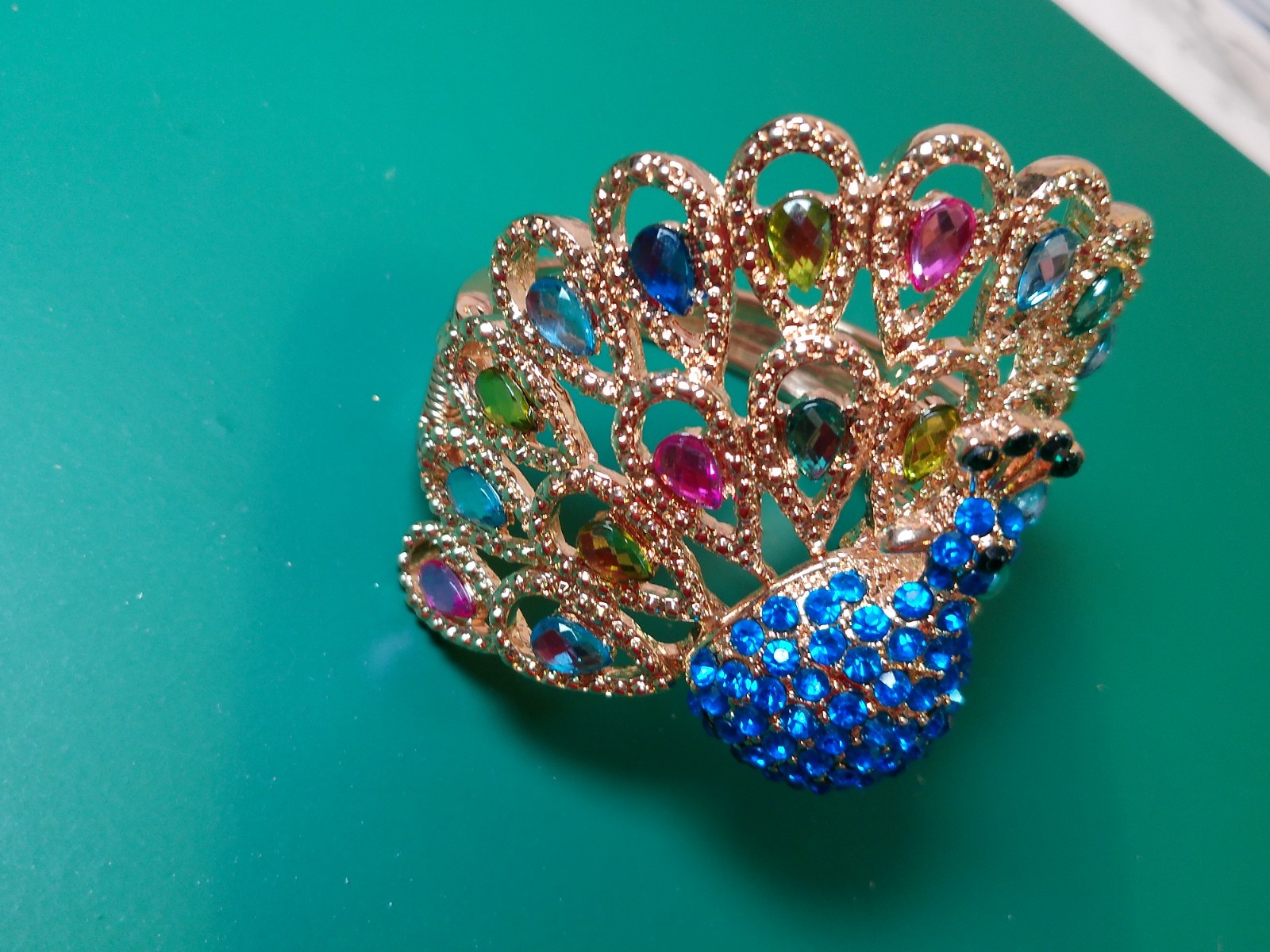 Multi-Colored Rhinestone Peacock Hinged Cuff Brac… - image 3