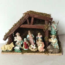 Boxed Large Nativity Set 11 Ceramic Figures and Real Wood Stable