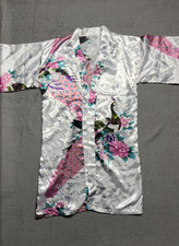 Kimono Robe Womens Size 10 White Satin Peacock Floral Print Sleepwear Gown
