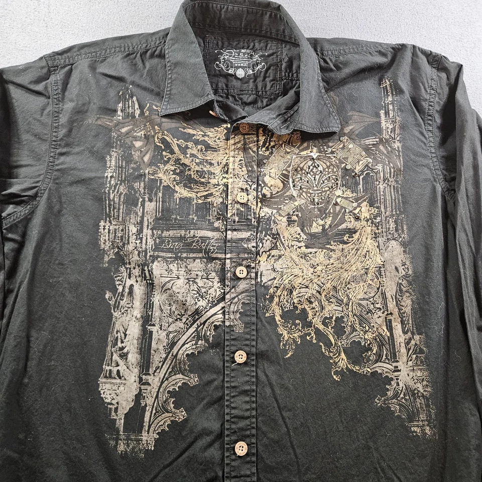 Brad Butter Studded Graphic Black Brown Button Down Shirt Y2K Grunge Biker XL - Image 2 of 4