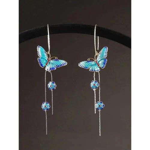 925 Silver Cloisonne Blue Butterfly Earrings Tassel Dangle Vintage Hook