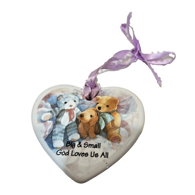 Vintage Porcelain Heart Bears Big and Small God Loves Us All Christmas Ornament