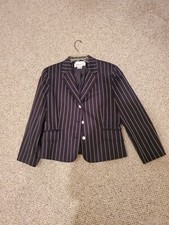 Rena Rowan Jacket Sz 12 Black w Wh Stripe Long Sleeve Button Lined Blazer Poplin