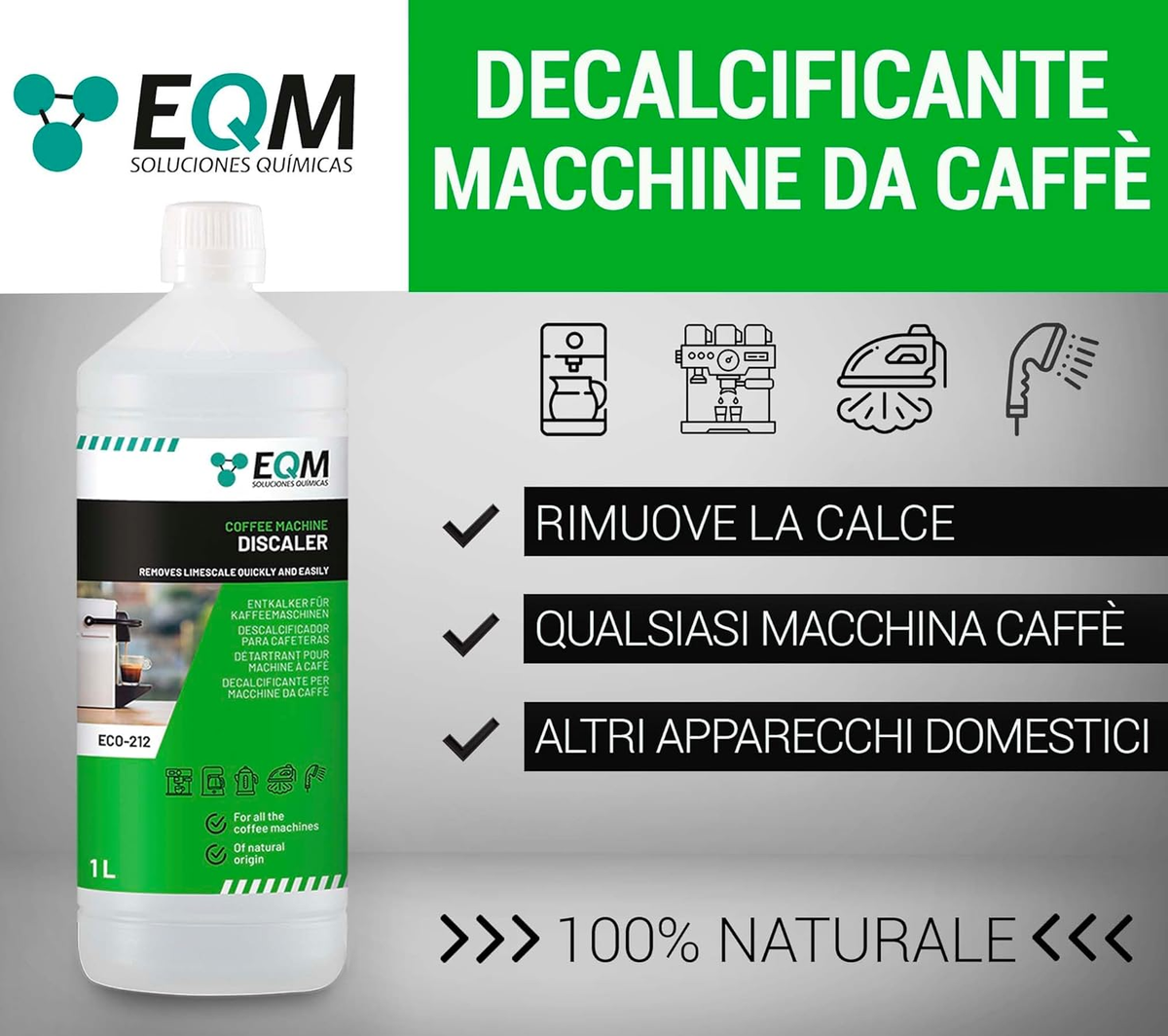 Decalcificante Macchine Caffè EQM ECO-212 1L - 100% Naturale, Acido Citrico, Per Tutte Le Macchine - Foto 2