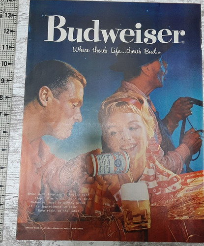 1959 Budweiser Vintage Print Ad King of Beer Bud Man Woman Can Pouring Teamster