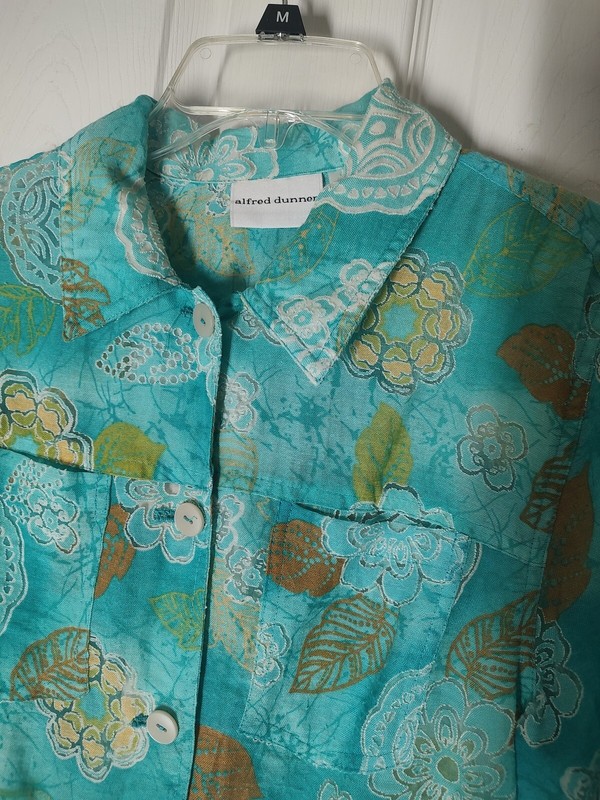 Alfred Dunner Long Sleeve Teal Floral Button Front Top Size 10