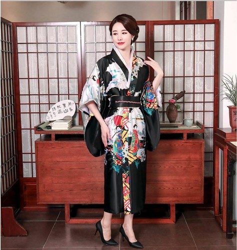 Japonés Oriental Elegante Flor De Primavera Negro Kimono Disfraz Talla  Única Kimono 11 | eBay