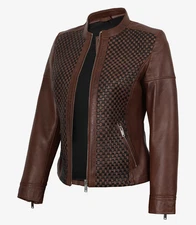 Womens Real Leather Cognac Textured Jacket - Biker Style