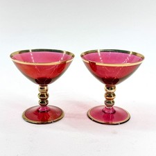 VINTAGE PAIR RUBY RED GLASS SHERBET MARTINI GLASSES CUPS GOLD RIM STEM