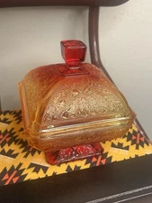 Vintage Jeanette Amberina Glass Covered Candy Dish Compote Red Orange Ombré
