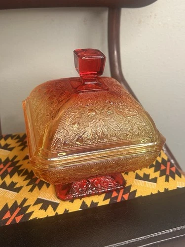 Vintage Jeanette Amberina Glass Covered Candy Dish Compote Red Orange Ombré