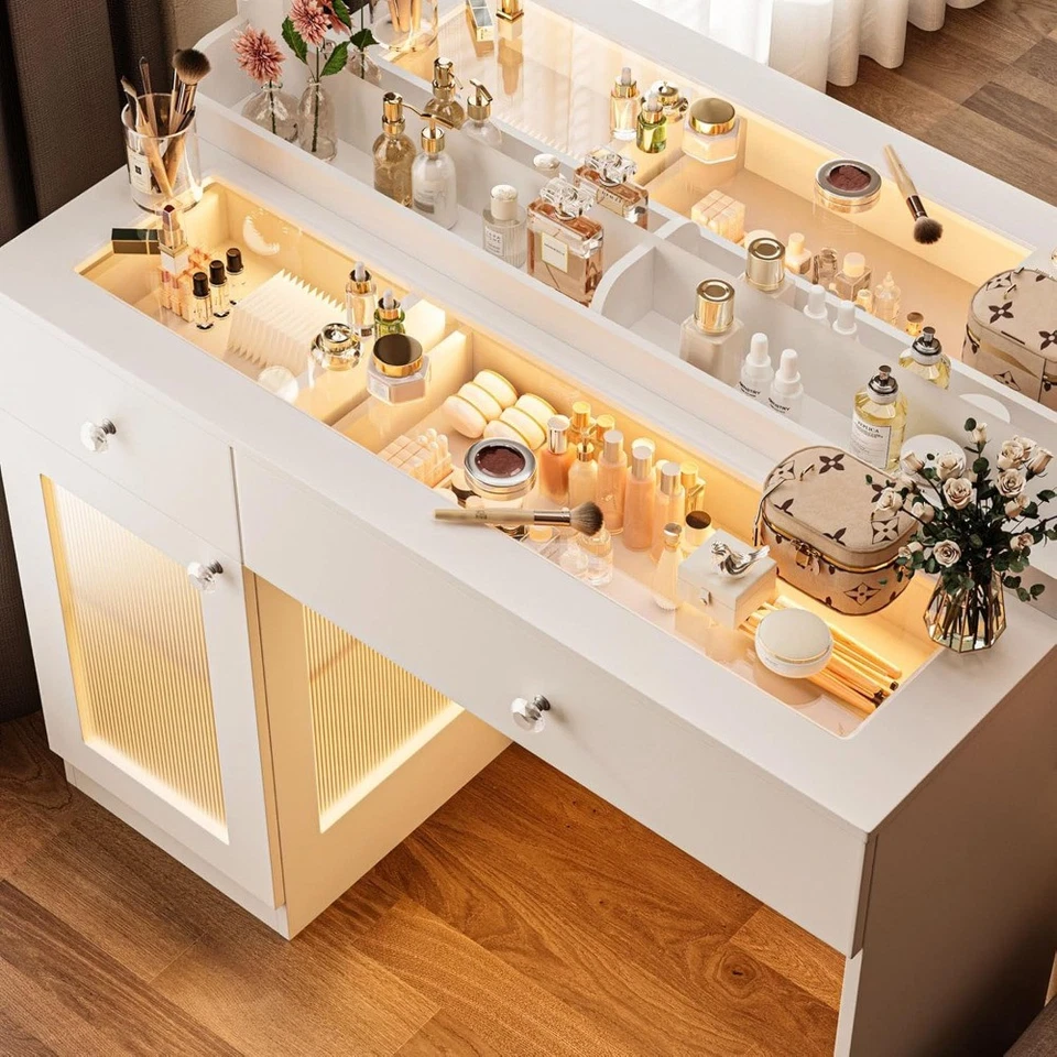 Tocador Escritorio con Espejo Grande y Luces, Tocador de Maquillaje con Tapa de Vidrio de 39.4"" con Foto 3 de 4