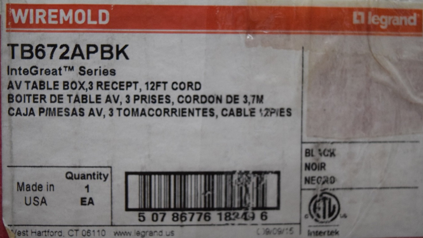 Legrand Wiremold TB672APBK InteGreat AV Table Box  3 Recept 12' Cord