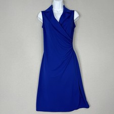 Vintage Express Womens Dress 3/4 Blue Collared Wrap Ruched Y2K 90s Prep Cocktail