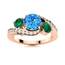 Swiss Blue Topaz  Emerald 5MM Round 925 Silver Rose Plated Three Stone Ring