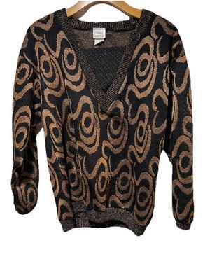 Vintage 80s/90s Metallic Sparkle Gold Black Sweater Sz M Retro Disco  Glam Party