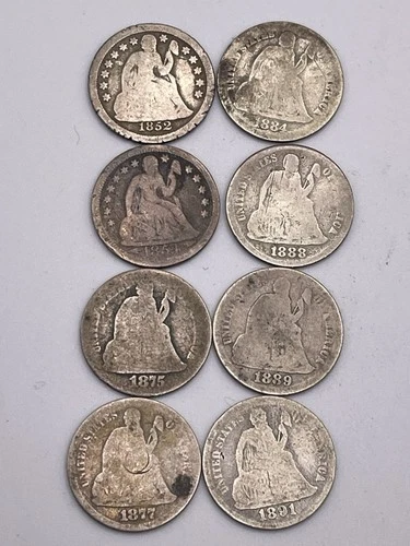 Lot of (8) Seated Liberty Dimes 1852-54-75-77-84-88-89-91 VG LOT S2