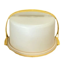 Vintage Tupperware 12" Harvest Gold Cake Taker Carrier Round Maxi Handle #1256