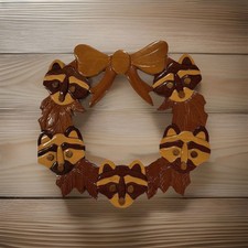 Rustic Cabin Core Hand crafted 3D Intarsia Wood Art RACCOON WREATH Wall Frame