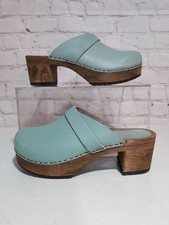 Sanita Heritage Blue Leather Clogs Wooden Heel Shoes Women Size 37 6.5-7