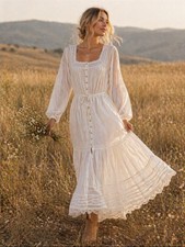 Caroline Constas White Lace Maxi Dress Button Front Long Sleeve L