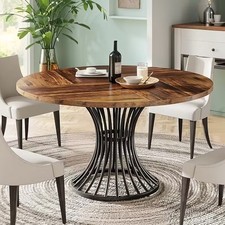 47 Inch Round Farmhouse Dining Table Industrial Kitchen Table with Metal Base UK