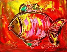 HAPPY FISH  ARTWORK  Abstract Modern Original Oil Painting RED BLUE